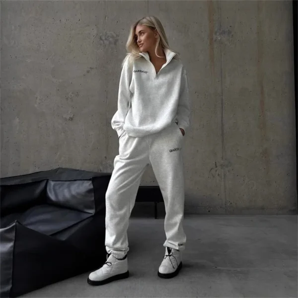 Autumn Women's Tracksuit with Zipper Cotton Oversize White Casual Two Piece Set Women Classic Sports Trouser Suits for Women - Image 2