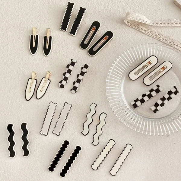 2/4/6pcs/set Women Elegant Black White Checkerboard Geometric Hairpins Sweet Side Hair Clips Barrettes Fashion Hair Accessories