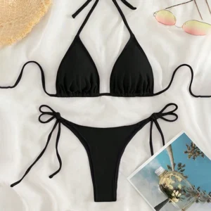 Women Thong Bikini Set Side Lace-up Sexy Swimsuit Bandage Neck Tie Swimwear Adjustable Brazilian Style Bikini Underwear