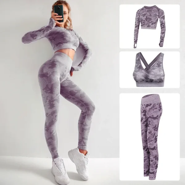 Camouflage Fitness Yoga Sportswear Set Long Sleeve Bra And Pants Tightening Butt Lifting Capris Perfect for Gym And Exercise - Image 3