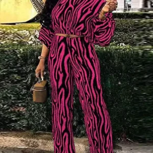 Plus Size VONDA Bohemian Pant Sets Autumn Zebra-stripe Printed 2PCS Long Sleeve Skew Collar Top and High Waist Pants Casual Sets