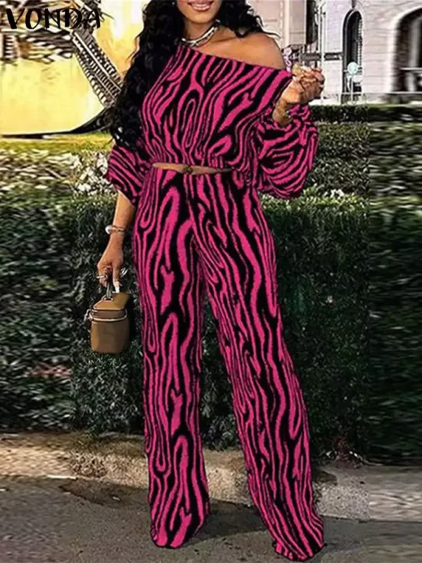 Plus Size VONDA Bohemian Pant Sets Autumn Zebra-stripe Printed 2PCS Long Sleeve Skew Collar Top and High Waist Pants Casual Sets