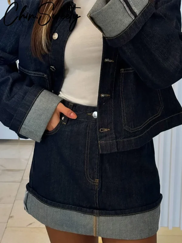 Denim Skirt Women Set Casual Long Sleeve Lapel Pocket Button Jacket Pleated Min Skirts 2025 Autumn New Lady Suit - Image 3