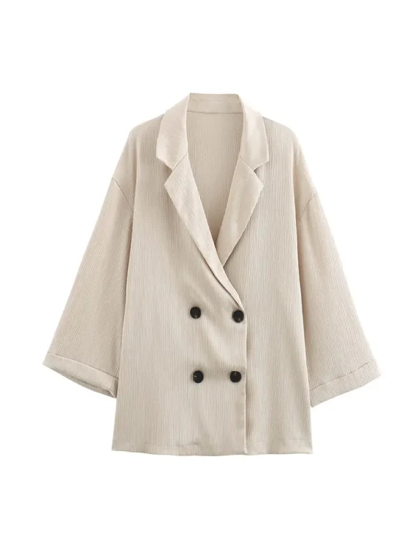 2024 Autumn Women Casual Blazer Coat Pants Set Long Sleeve Double Breasted Blazer + Wide Leg Trousers Lady Office Outfit - Image 3