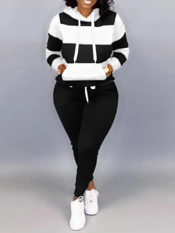 LW Plus Size Striped Drawstring Tracksuit Set Autumn Women Hoodie Pants Set Striped Printed Hooded Long Sleeve Warm Sweatshirts - Image 4