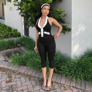 CUTENOVA Summer Color-Blocking Women'S Set V-Neck Gold Metal Button Hanging Neck Backless Tank Top + Bodycon 7 Points Pants Set