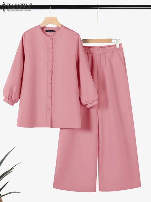 ZANZEA Autumn 2PCS Outfits Women Elegant Long Sleeve Blouse Trousers Suit Matching Sets 2025 Casual Solid OL Work Tracksuits - Image 4