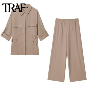 TRAF women's new long pants set 2025 pocket decoration side buckle hunting outfit shirt or hanging comfortable wide leg pants