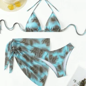 Women's 3 Piece Gradient Tie Dye Bathing Suit Lace Up High Cut Bikini with Beach Skirt