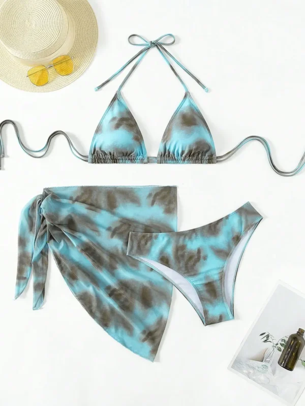 Women's 3 Piece Gradient Tie Dye Bathing Suit Lace Up High Cut Bikini with Beach Skirt