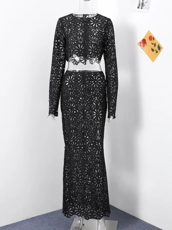 Elegant See Through Crochet Top Women Set Hallow Out Flare Long Sleeve Top Slim Empire Hip Package Skirts 2025 Summer Lady Set - Image 6