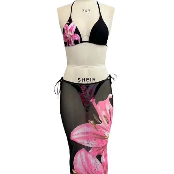 Fashion Flower Print Bikini Set Women's High Waist Long Skirt 3 Piece Swimsuit  Mini Triangle Backless Thong Bathing Suit - Image 5
