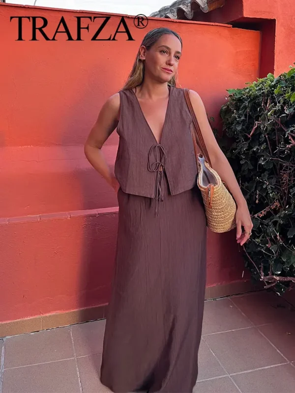 TRAFZA Women Casual Loose Midi Skirts Elegant Solid Drawstring A-Line Skirt 2024 Summer Female Fashion Streetwear - Image 2