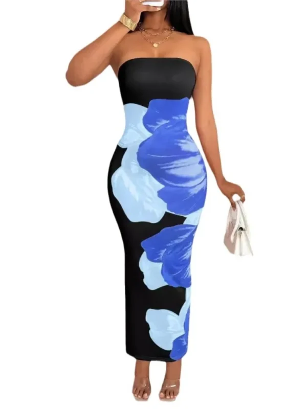 Elegant Fashionable Printed Long Dress New Summer Women's Sexy Slim Fit Chest Wrapped Off Shoulder Casual Dress - Image 5