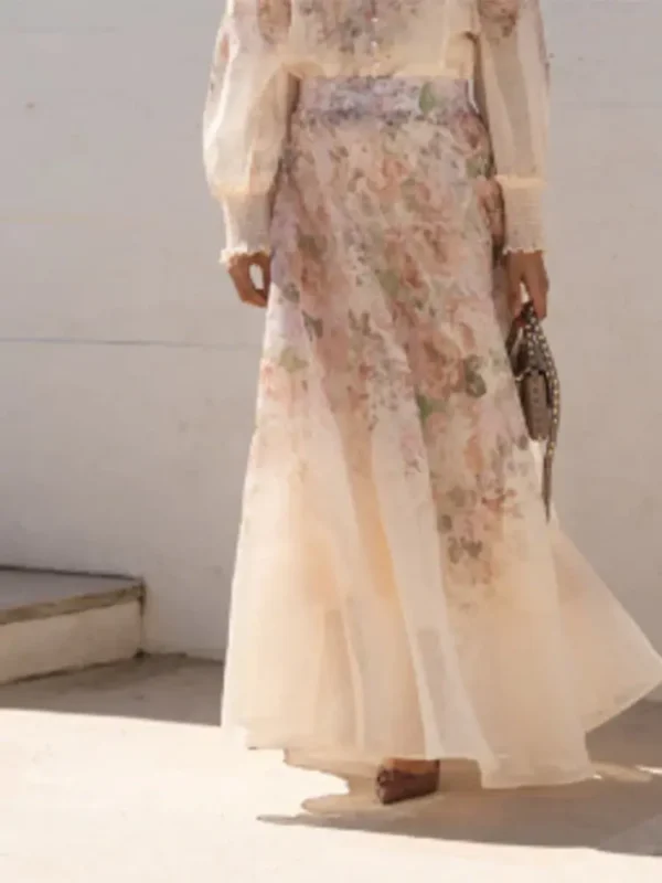 Elegant Print Long Skirt Set Women Loose Floral Button Long Sleeve Shirt Pleated A-line Skirts 2025 Autumn Party Lady Outfit - Image 3