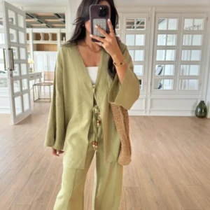 Casual Beading Lace Up Shirt Pants Set Women Loose V Neck String Long Sleeve Shirt Wide Leg Pant 2024 Autumn Chic Lady Outfit