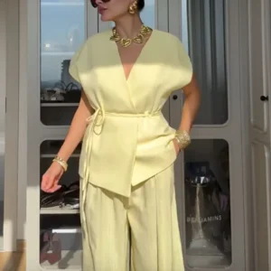 Casual Sleeveless V-neck Lace Up Vest Pant Set Women's High Waist Straight Wide Leg Long Pants Suit 2025 Summer Commute Outfits