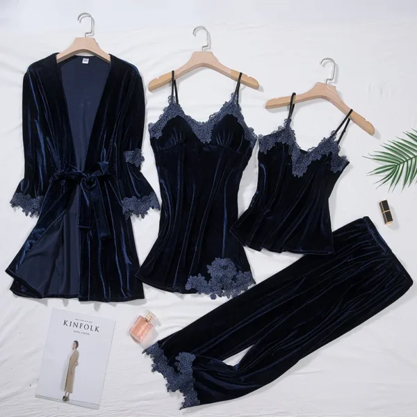 TOP Casual Velour Home Clothing 4pcs Sleep Set Intimate Lingerie Women Pajamas Suit Long Sleeve Lace Velvet Homewear Pyjamas set - Image 3