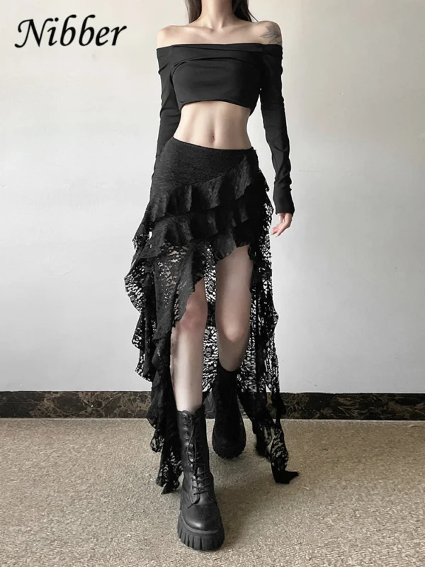 Nibber Tassels Women Skirts Irregular Hem Multi-Layered Ruffles Lace Patchwork Sweet Summer Trend Daily Skinny Versatile Bottoms - Image 2