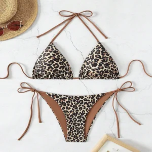 Leopard Print Two Piece Swimsuit Set Triangle Bra Suspender Halter Backless Bikini Set Beach Vacation Lace-up Swimwear 2025