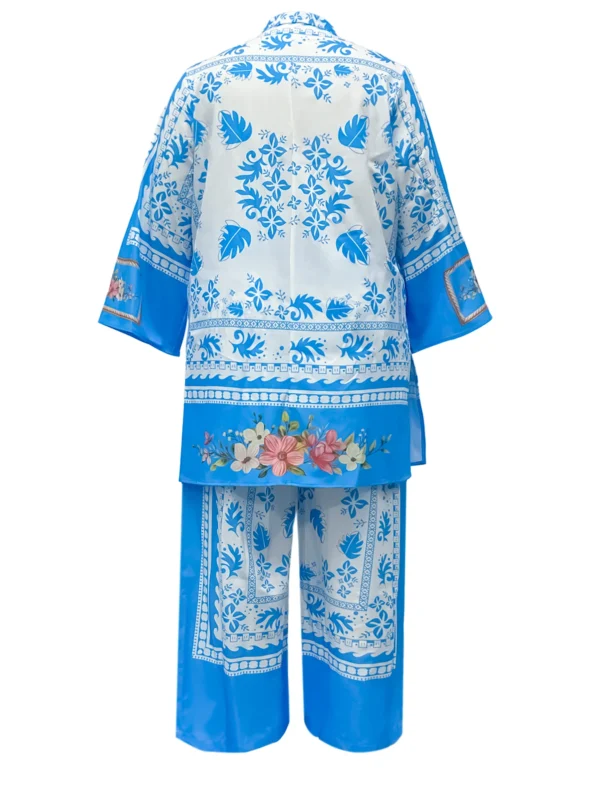 Plus size women's casual fashion ethnic style mid-length printed top and wide-leg pants suit two-piece set - Image 2