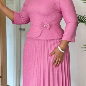 Plus Size Business Casual Pink Round Neck 3/4 Sleeve Pleated Elegant Two Piece Skirt Sets