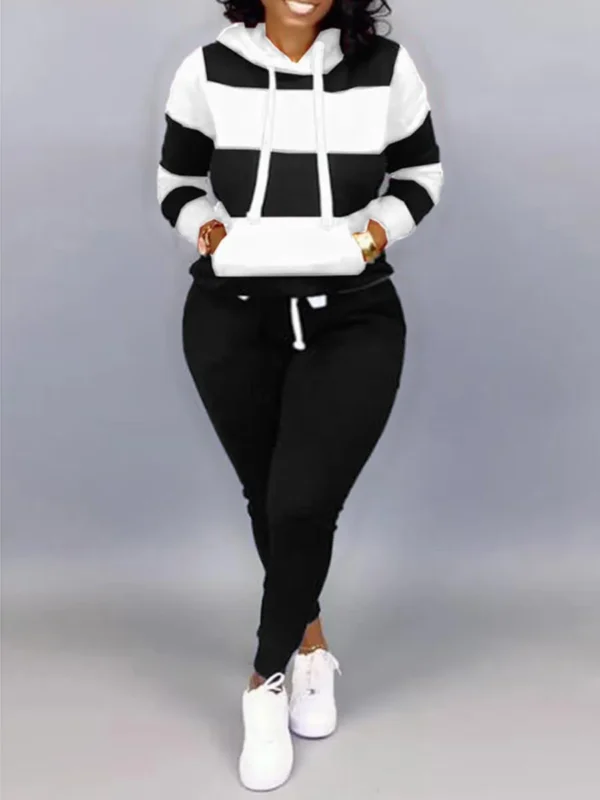 LW Plus Size Striped Drawstring Tracksuit Set Autumn Women Hoodie Pants Set Striped Printed Hooded Long Sleeve Warm Sweatshirts - Image 2
