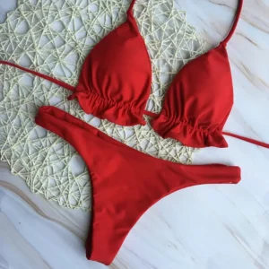 Summer Brazilian Bikini Set Women  Bandage Top Thong Bottom 2 Pieces Set Push-up Swimwear Lace Up Swimsuit Beachwear