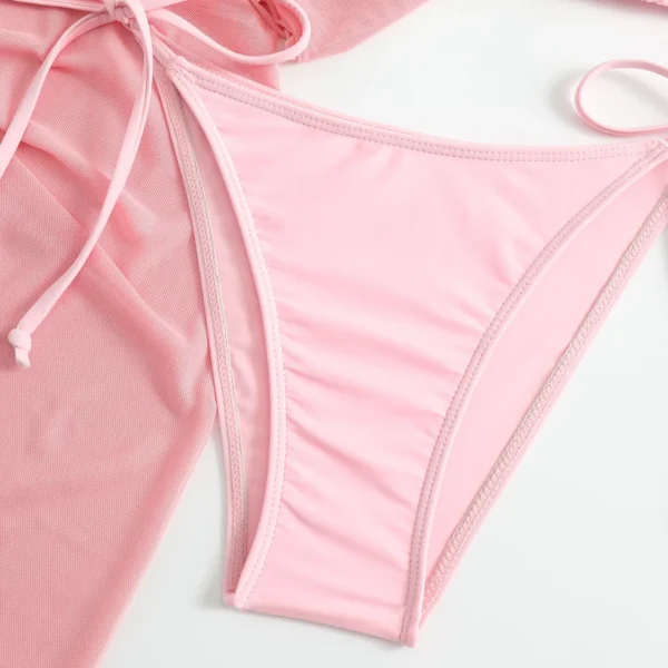 Women pink micro mini string bikini sets 4 pieces with mesh cover tops and skirt swimsuit bathing suit beach outfits biquini - Image 4