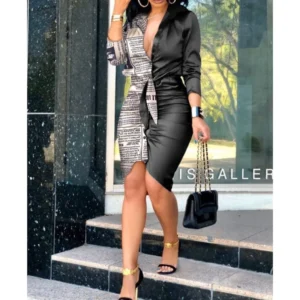 Summer Autumn New Elegant Ladies's Dress 2024 V-neck Strap Solid Color Elastic Waist Bag Hip Printed Long Sleeve Shirt Dress