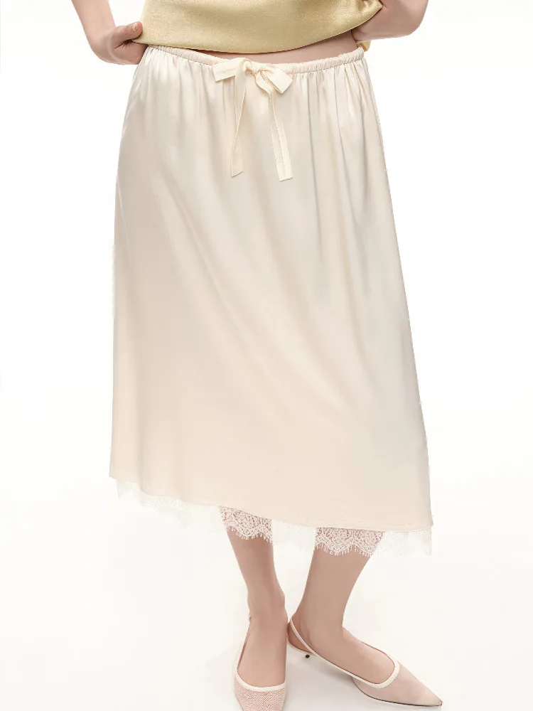 Absobe Women's Lace Patchwork Midi Straight Skirt Satin Drawstring Lacing Loose Long Skirt Contrast Casual Commuter Streetwear - Image 5