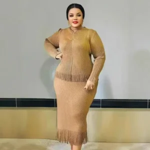 Women Miyaki Miyake Pleated Two-Piece Suit Plus Size Top + Tassel Skirt Elegant Elegant Can Be Worn in All Seasons Knitted
