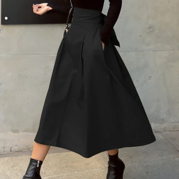 Skirts Womens Korean Fashion Solid Color Big Swing Ladies Skirt Long Skirt 2025 Autumn Wild High Waist Bow Slim Skirts - Image 2