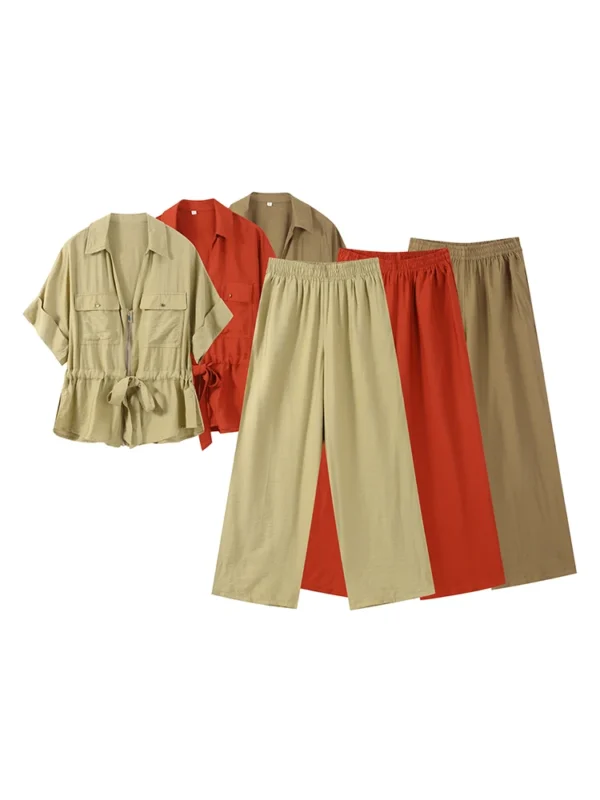 Casual Coat Pant Set Women Loose Zipper V-neck Lace Up Pleat Top Wide Leg Trousers Suit 2025 Summer Lady 2 Pieces Outfits New - Image 6