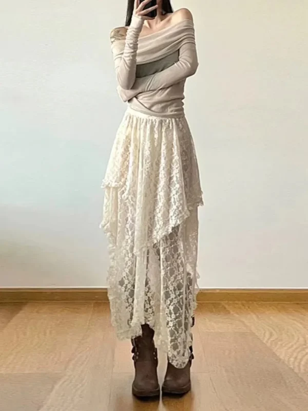 Sexy Lace Irregular Asymmetrical Skirt Fairycore Women Vintage Y2K Boho Aesthetic High Waist Mid Skirts Lady Holiday Outfits - Image 2