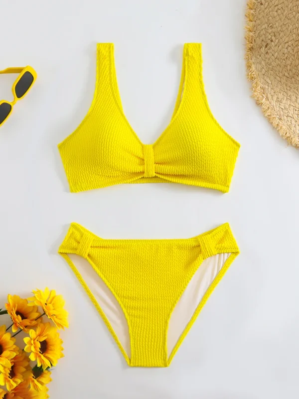 2025 Summer New Women's 2 Piece Swimsuit Solid Color High Waist Bikini Set V-neck Backless Beach Vacation Bathing Suit Swimwear - Image 2