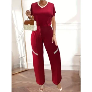 Plus Size Casual V Neck High Low Hem Short Sleeve Tee & Drawstring Pant Outfits Two Piece Set