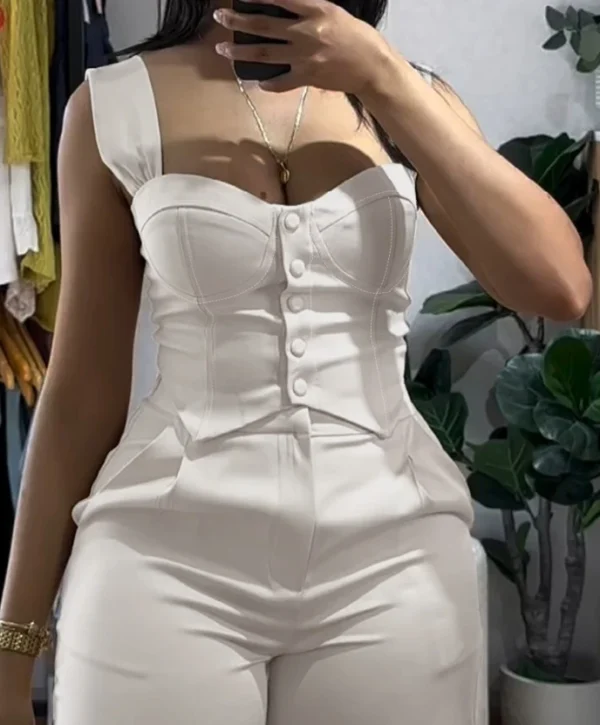 Women's Sexy Suits 2025 Spring Summer Latest 2 Piece Thick Strap Button Front Slim Fit Tank Top High Waist Wide Leg Pants Set - Image 2