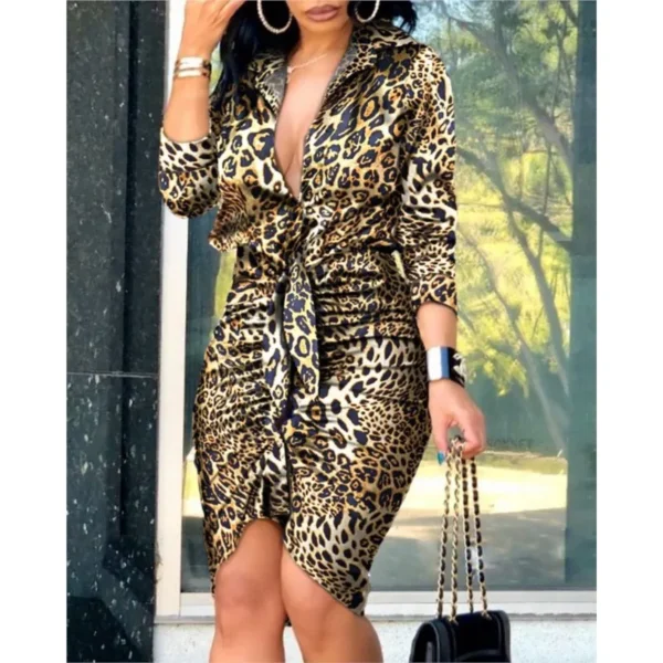 Summer Autumn New Elegant Ladies's Dress 2024 V-neck Strap Solid Color Elastic Waist Bag Hip Printed Long Sleeve Shirt Dress - Image 5