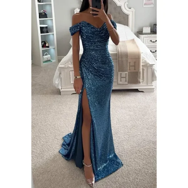 Womens Dresses New Party Sequin One Line Neckline Slit Dress Casual Fashion Dress for Women - Image 4