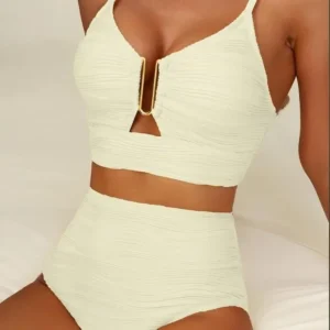 2025 New High Waist Bikini Swimsuit Pure Color Gather Slim Sexy Swimwear Cross-Border High Waist Sexy Swimsuit Women's Fashion