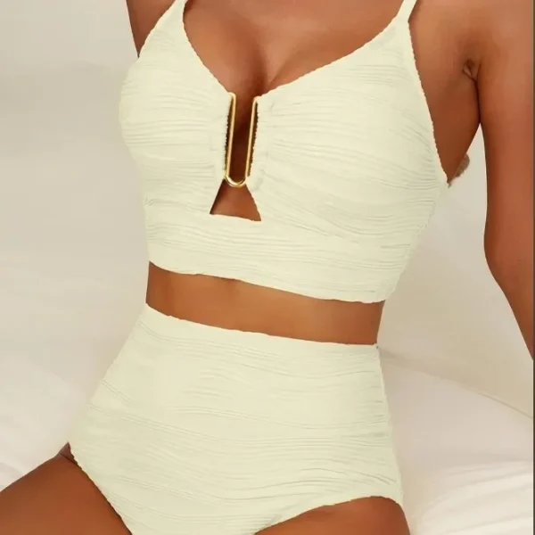 2025 New High Waist Bikini Swimsuit Pure Color Gather Slim Sexy Swimwear Cross-Border High Waist Sexy Swimsuit Women's Fashion