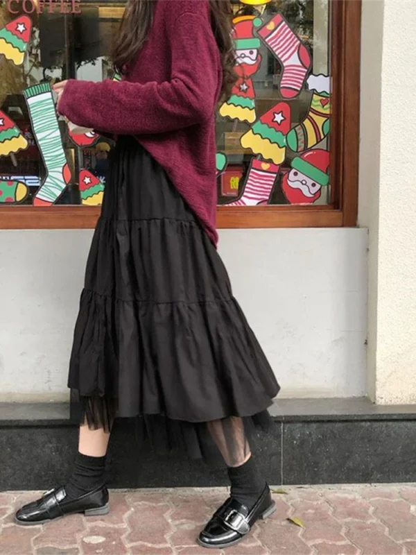 Long Tulle Midi Skirts Womens Autumn Elastic High Waist Mesh Tutu Pleated Skirts Female Black White Long Skirt Streetwear - Image 4