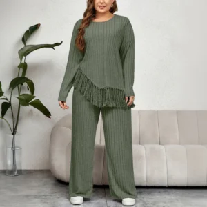 Plus Size Womens Ribbed Long Sleeve Suits Spring Autumn Ladies Casual Loose Tassels Tunic Tops+Long Pants Sets Size 1XL-4XL
