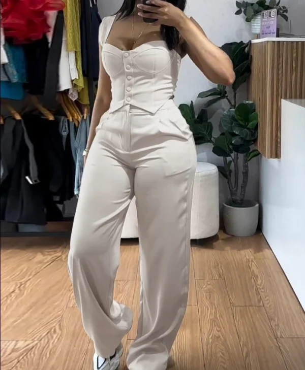 Women's Sexy Suits 2025 Spring Summer Latest 2 Piece Thick Strap Button Front Slim Fit Tank Top High Waist Wide Leg Pants Set - Image 4