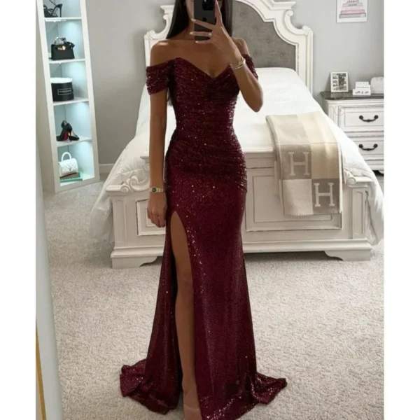 Womens Dresses New Party Sequin One Line Neckline Slit Dress Casual Fashion Dress for Women - Image 2