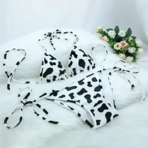 Womens Bikini Set Japanese Style Cute Milk Cow Dotted Mini Bikini Sets Underwear Halter Neck Bras Top with Briefs Panty