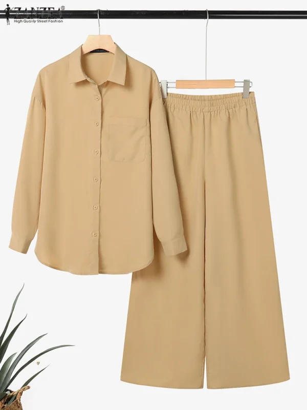 2025 ZANZEA Fashion Autumn Two Pieces Sets Women Oufits Office Pant Sets Elegant Tracksuits Long Sleeve Shirts Wide Leg Trousers - Image 4