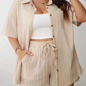 GIBSIE Plus Size Summer Two Piece Sets For Women 2024 Holiday Casual Button-up Short Sleeve Shirt with Elastic Waist Shorts
