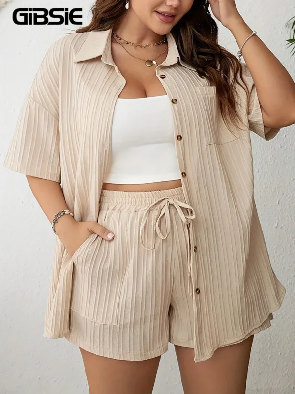 GIBSIE Plus Size Summer Two Piece Sets For Women 2024 Holiday Casual Button-up Short Sleeve Shirt with Elastic Waist Shorts